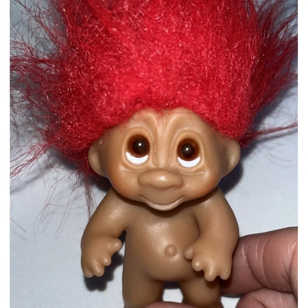 Vintage 1985 DAN Troll Doll 3' Red Hair Amber Eyes No Clothes Plastic Tag Loop